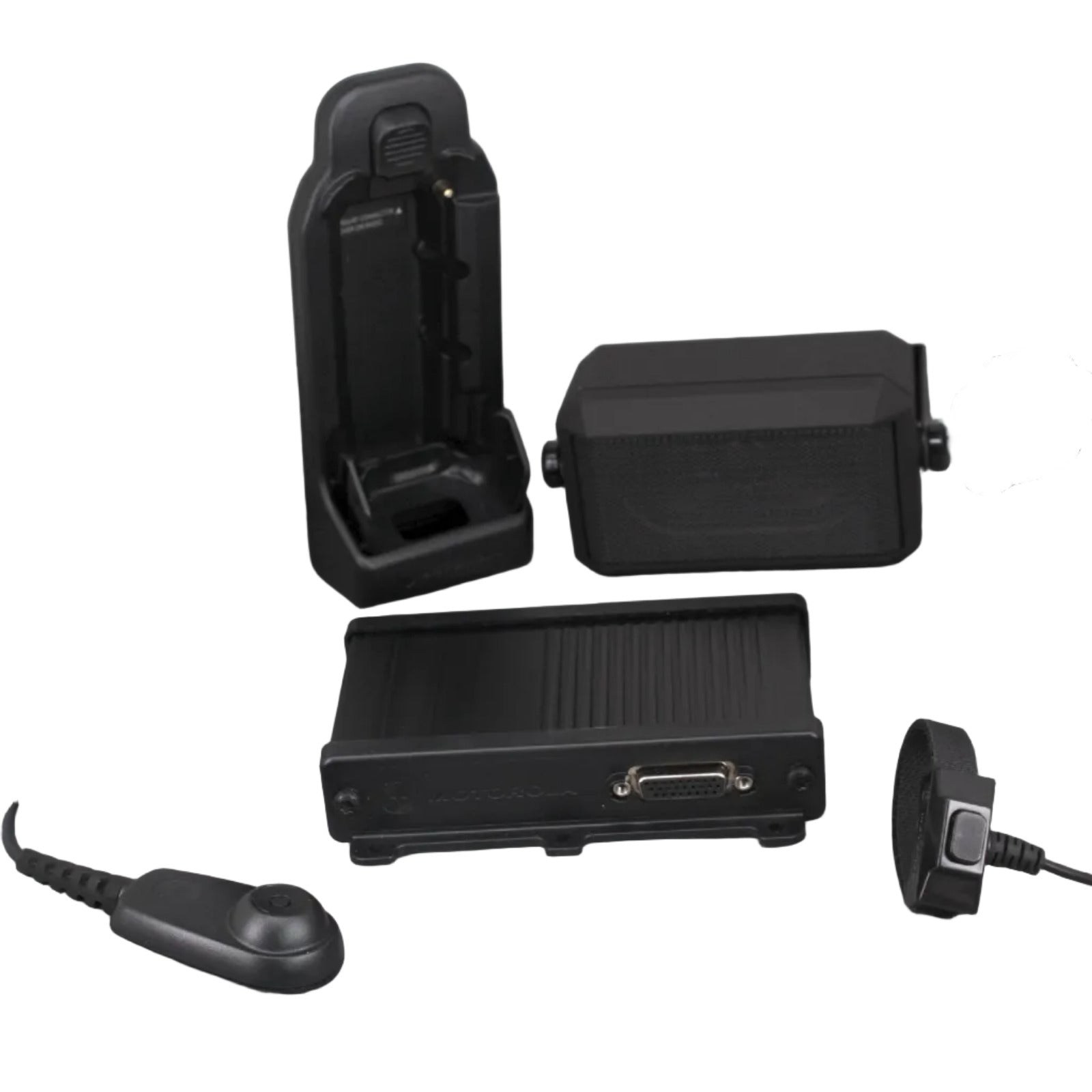 Motorola GM0368A five component products of a Car Kit including a radio holder, loudspeaker and interface unit for a MXP600 portable radio